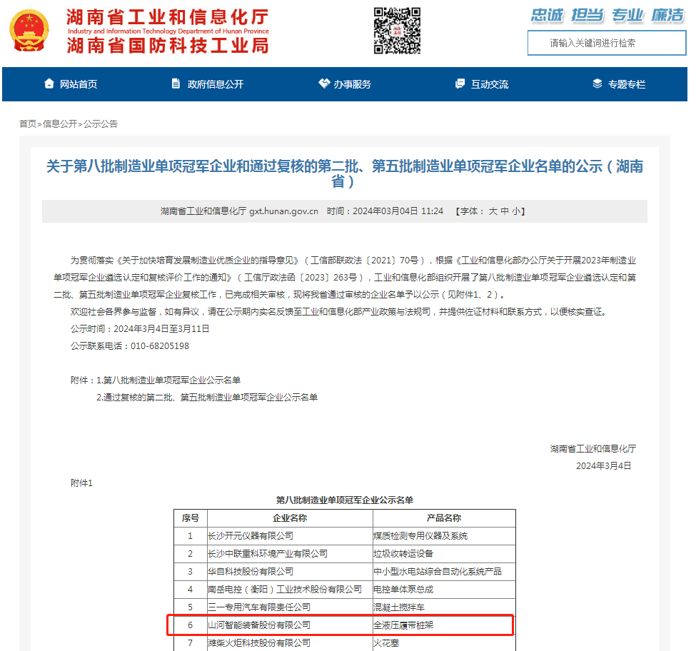 單冠三連！山河智能再獲國(guó)家制造業(yè)單項(xiàng)冠軍